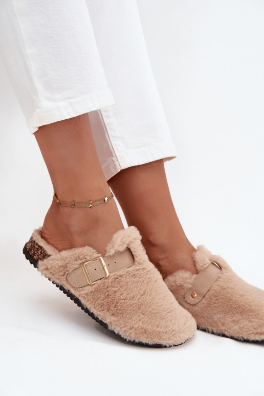 Furry Women's Platform Slides with Strap and Buckle Beige Noraline
