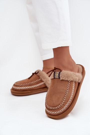 Kapcie DamskiewithFuterkiem I Haftem Brązowe Perivelle