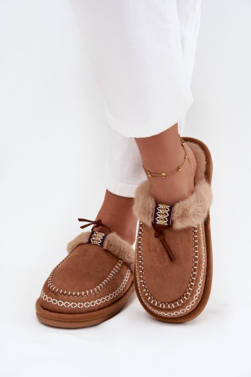 Women's slippers with fur and embroidery brown Perivelle 2