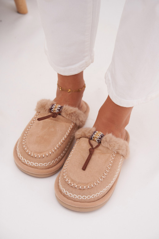 Women's slippers with fur and embroidery Beige Perivelle