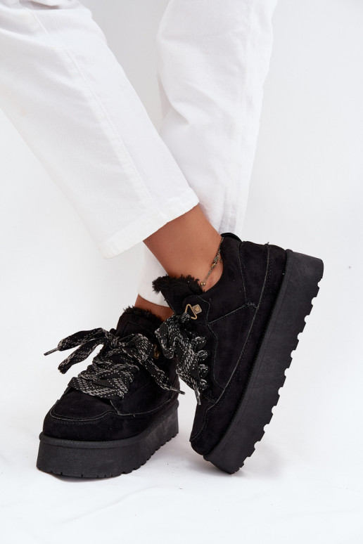 Sznurowane Śniegowce Damskie Na Platformie Ocieplane Futerkiem Czarne Tavelle Sznurowane Śniegowce Damskie Na Platformie Ocieplane Futerkiem Czarne Tavelle