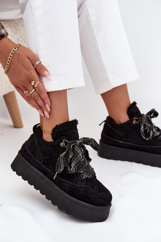 Sznurowane Śniegowce Damskie Na Platformie Ocieplane Futerkiem Czarne Tavelle Sznurowane Śniegowce Damskie Na Platformie Ocieplane Futerkiem Czarne Tavelle
