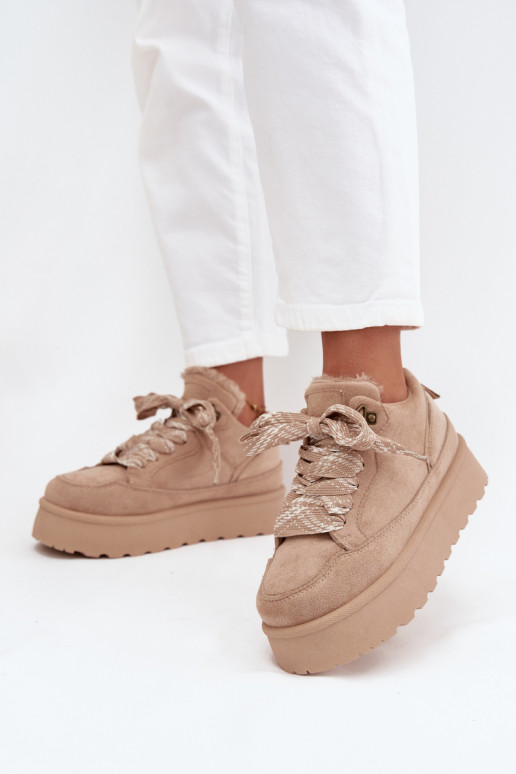 Sznurowane Śniegowce Damskie Na Platformie Ocieplane Futerkiem Beżowe Tavelle Sznurowane Śniegowce Damskie Na Platformie Ocieplane Futerkiem Beżowe Tavelle