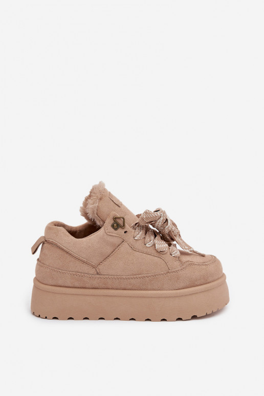 Sznurowane Śniegowce Damskie Na Platformie Ocieplane Futerkiem Beżowe Tavelle Sznurowane Śniegowce Damskie Na Platformie Ocieplane Futerkiem Beżowe Tavelle