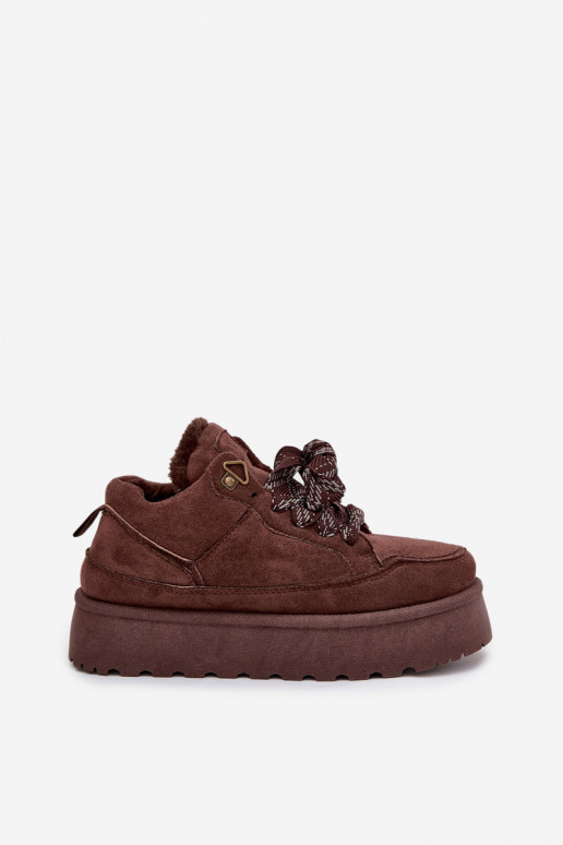 Sznurowane Śniegowce Damskie Na Platformie Ocieplane Futerkiem Brązowe Tavelle Sznurowane Śniegowce Damskie Na Platformie Ocieplane Futerkiem Brązowe Tavelle