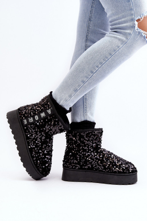 Women's Snow Boots On Platform Embellished With Rhinestones Black Silmo Women's Snow Boots On Platform Embellished With Rhinestones Black Silmo