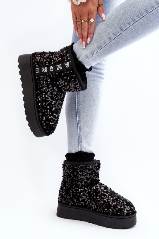 Women's Snow Boots On Platform Embellished With Rhinestones Black Silmo Women's Snow Boots On Platform Embellished With Rhinestones Black Silmo