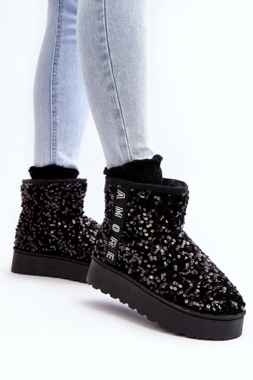 Women's Snow Boots On Platform Embellished With Rhinestones Black Silmo Women's Snow Boots On Platform Embellished With Rhinestones Black Silmo