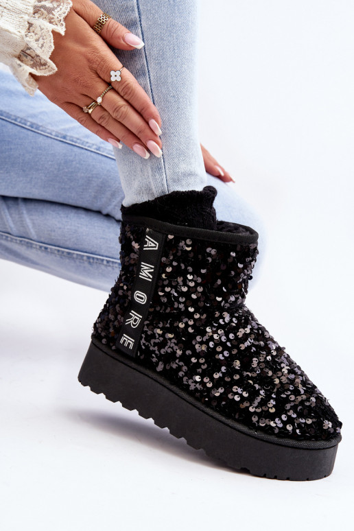 Women's Snow Boots On Platform Embellished With Rhinestones Black Silmo Women's Snow Boots On Platform Embellished With Rhinestones Black Silmo