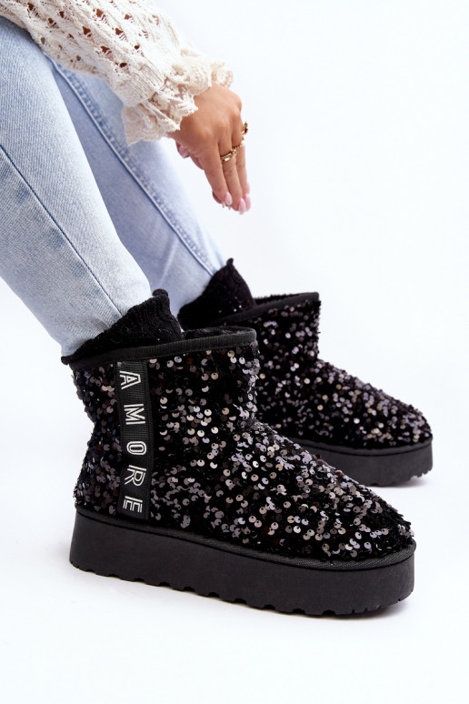 Women's Snow Boots On Platform Embellished With Rhinestones Black Silmo Women's Snow Boots On Platform Embellished With Rhinestones Black Silmo