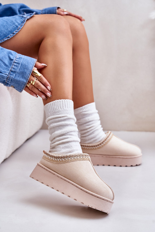 Śniegowce Damskie Na Platformie Ocieplane Futerkiem Jasnobeżowe Remenia