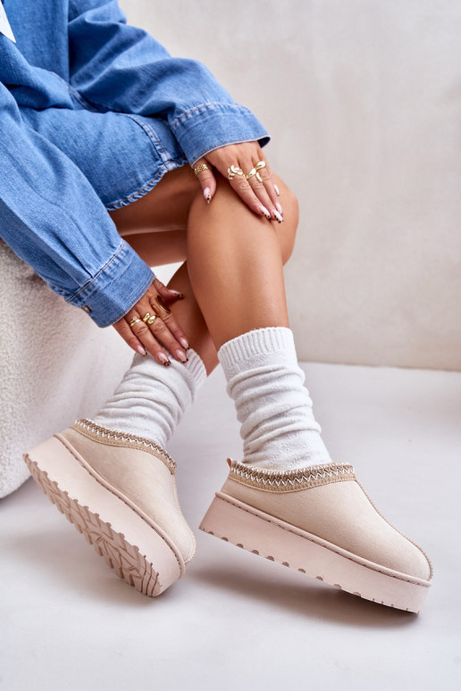 Śniegowce Damskie Na Platformie Ocieplane Futerkiem Jasnobeżowe Remenia