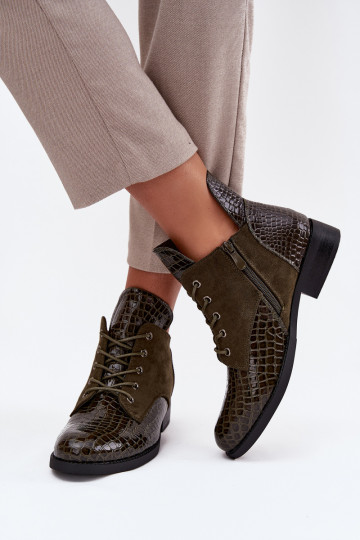 Patent Leather Women's Ankle Boots With Decorative Embossing Lined Vinceza 16477 Dark Green