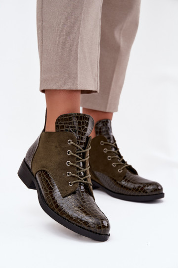 Patent Leather Women's Ankle Boots With Decorative Embossing Lined Vinceza 16477 Dark Green 2