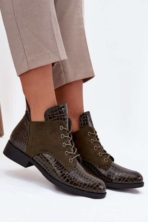 Lakierowane Botki DamskiewithOzdobnym Tłoczeniem Ocieplane Vinceza 16477 Ciemnozielone