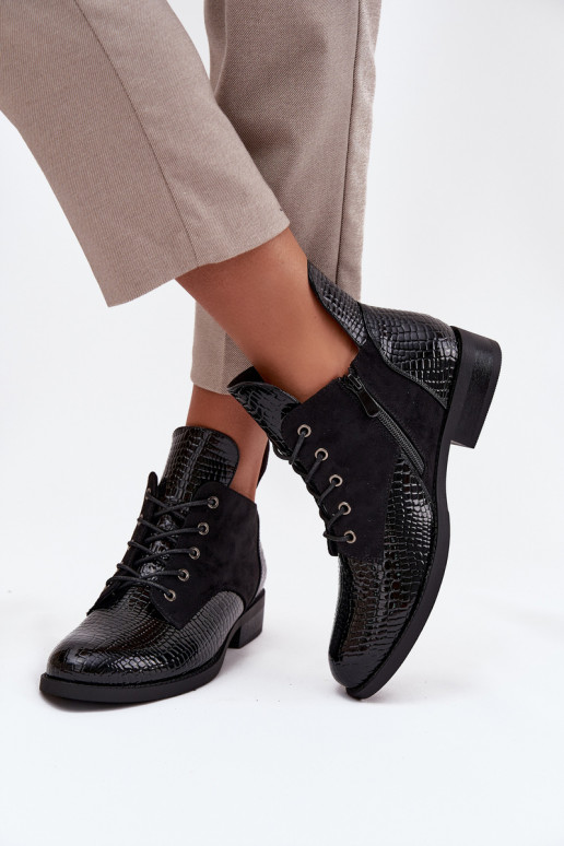 Lakierowane Botki DamskiewithOzdobnym Tłoczeniem Ocieplane Vinceza 16477 Czarne