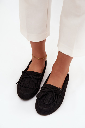 Women's moccasins with fringes and bow black Olivianne