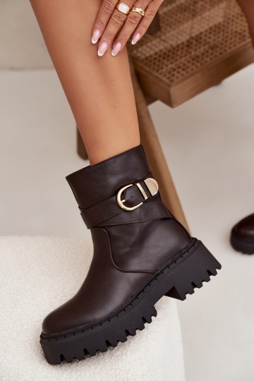 Ocieplane Botki Damskie Ze Złotą Klamrą Czekoladowe Elanore