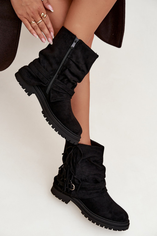 Insulated Women's Ankle Boots With Fringes And Claries On Flat Heel Black Helianne Insulated Women's Ankle Boots With Fringes And Claries On Flat Heel Black Helianne