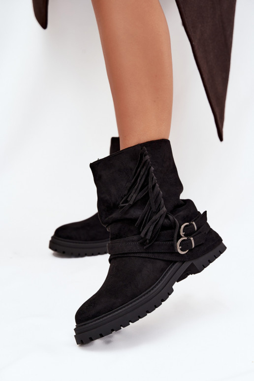 Insulated Women's Ankle Boots With Fringes And Claries On Flat Heel Black Helianne Insulated Women's Ankle Boots With Fringes And Claries On Flat Heel Black Helianne