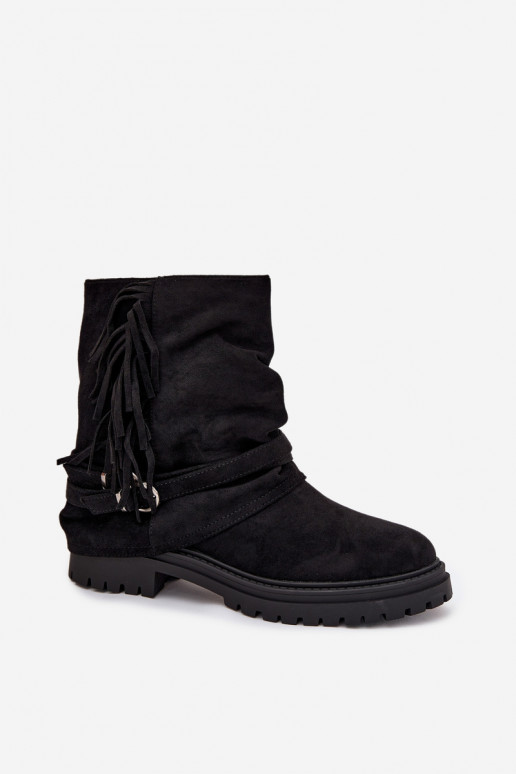 Insulated Women's Ankle Boots With Fringes And Claries On Flat Heel Black Helianne Insulated Women's Ankle Boots With Fringes And Claries On Flat Heel Black Helianne