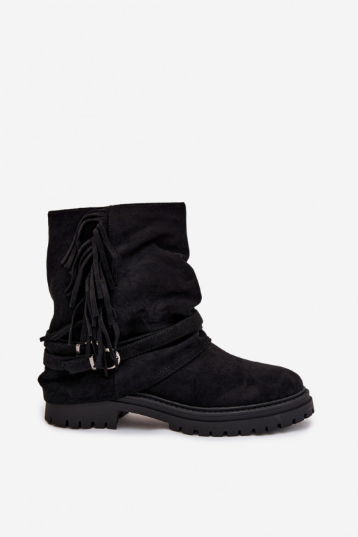 Insulated Women's Ankle Boots With Fringes And Claries On Flat Heel Black Helianne Insulated Women's Ankle Boots With Fringes And Claries On Flat Heel Black Helianne