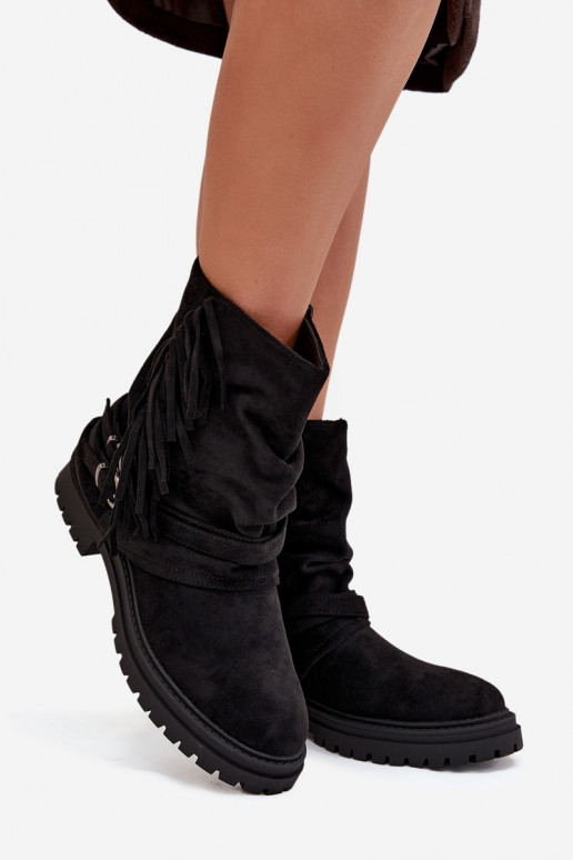 Insulated Women's Ankle Boots With Fringes And Claries On Flat Heel Black Helianne Insulated Women's Ankle Boots With Fringes And Claries On Flat Heel Black Helianne