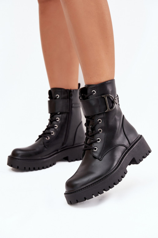Women's Workery Boots With Lining With Decorative Strap Black Ulivine Women's Workery Boots With Lining With Decorative Strap Black Ulivine