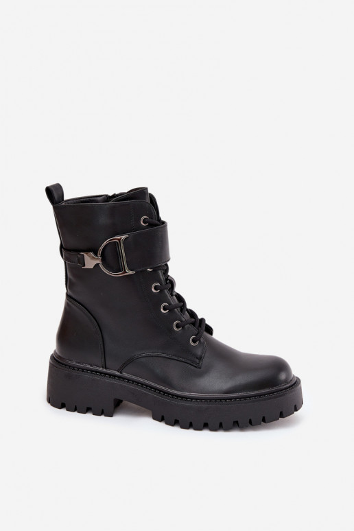 Women's Workery Boots With Lining With Decorative Strap Black Ulivine Women's Workery Boots With Lining With Decorative Strap Black Ulivine