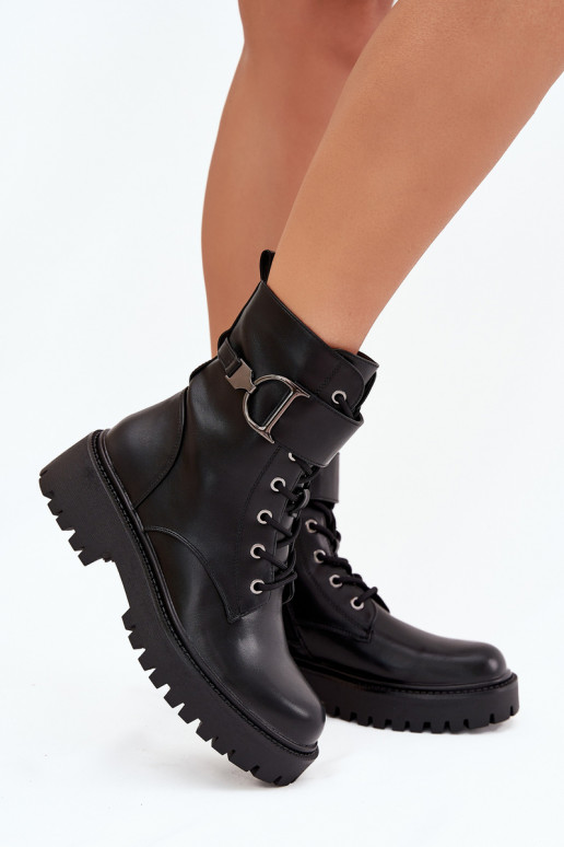 Women's Workery Boots With Lining With Decorative Strap Black Ulivine Women's Workery Boots With Lining With Decorative Strap Black Ulivine