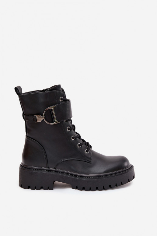 Women's Workery Boots With Lining With Decorative Strap Black Ulivine Women's Workery Boots With Lining With Decorative Strap Black Ulivine