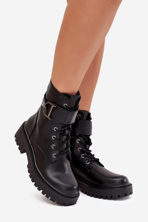 Women's Workery Boots With Lining With Decorative Strap Black Ulivine Women's Workery Boots With Lining With Decorative Strap Black Ulivine