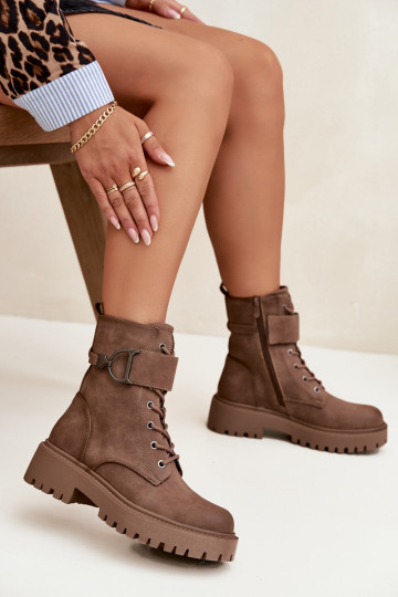 Women's Workery Boots with Lining with Decorative Strap Dark Beige Ulivine