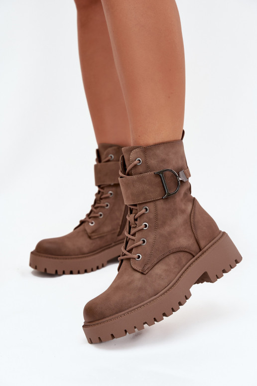 Women's Workery Boots with Lining with Decorative Strap Dark Beige Ulivine Women's Workery Boots with Lining with Decorative Strap Dark Beige Ulivine