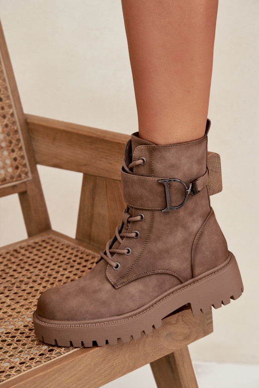 Women's Workery Boots with Lining with Decorative Strap Dark Beige Ulivine Women's Workery Boots with Lining with Decorative Strap Dark Beige Ulivine