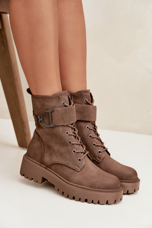 Women's Workery Boots with Lining with Decorative Strap Dark Beige Ulivine Women's Workery Boots with Lining with Decorative Strap Dark Beige Ulivine