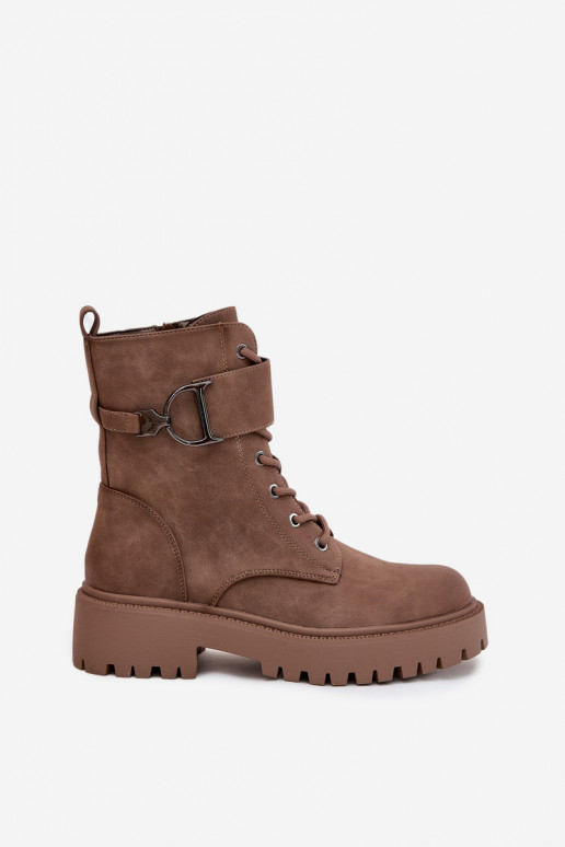 Women's Workery Boots with Lining with Decorative Strap Dark Beige Ulivine Women's Workery Boots with Lining with Decorative Strap Dark Beige Ulivine