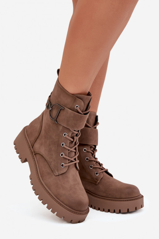 Women's Workery Boots with Lining with Decorative Strap Dark Beige Ulivine Women's Workery Boots with Lining with Decorative Strap Dark Beige Ulivine