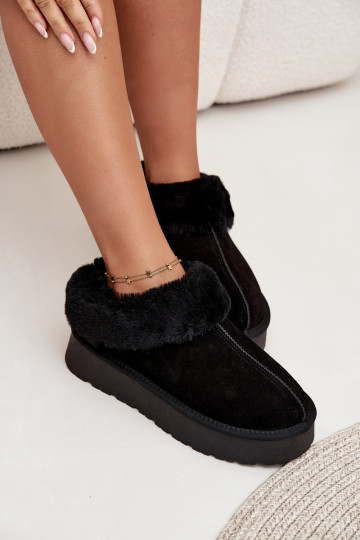 Leather Suede Snow Boots Women's With Fur Black Mivelle