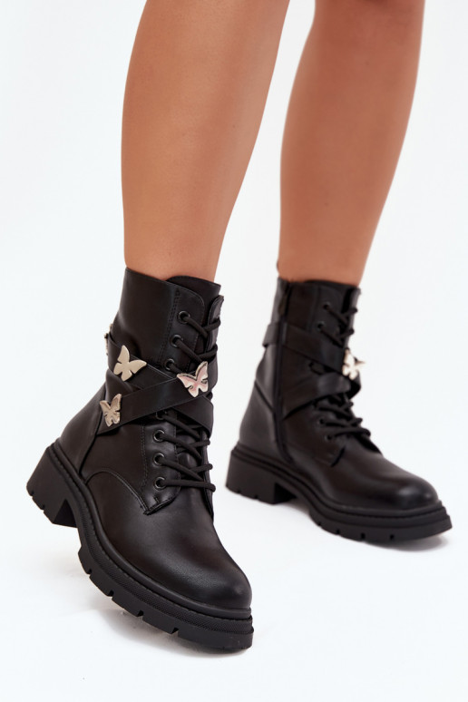 Insulated work boots with strap and silver buckles Black Kaelina Insulated work boots with strap and silver buckles Black Kaelina