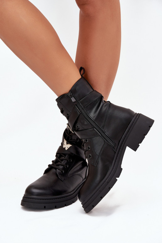 Insulated work boots with strap and silver buckles Black Kaelina Insulated work boots with strap and silver buckles Black Kaelina