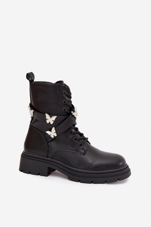 Insulated work boots with strap and silver buckles Black Kaelina Insulated work boots with strap and silver buckles Black Kaelina