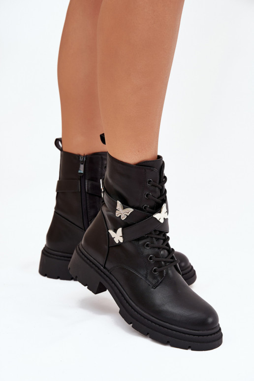 Insulated work boots with strap and silver buckles Black Kaelina Insulated work boots with strap and silver buckles Black Kaelina
