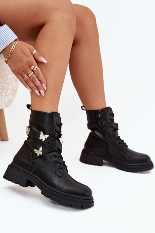 Ocieplane Botki WorkerywithPaskiem I Srebrnymi Przypinkami Czarne Kaelina
