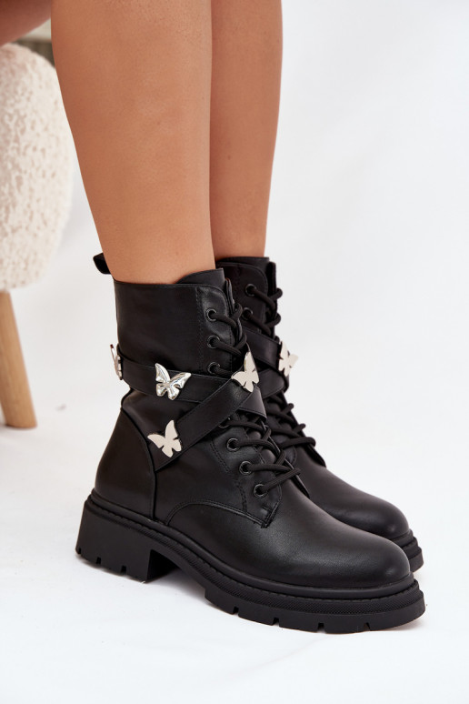 Ocieplane Botki WorkerywithPaskiem I Srebrnymi Przypinkami Czarne Kaelina