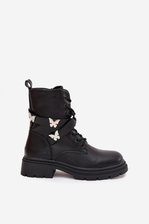 Insulated work boots with strap and silver buckles Black Kaelina Insulated work boots with strap and silver buckles Black Kaelina