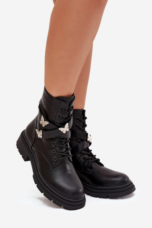 Ocieplane Botki WorkerywithPaskiem I Srebrnymi Przypinkami Czarne Kaelina