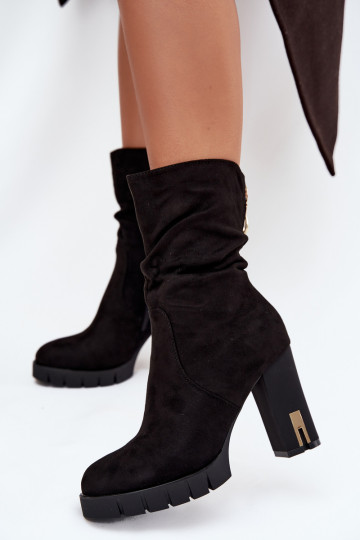 Insulated Women's Ankle Boots on Heel with Gold Lock and Wrinkling Black Briannae 2