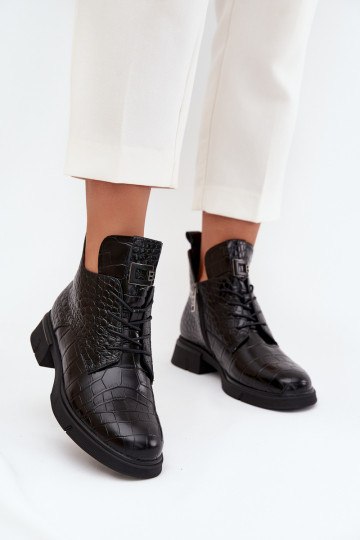 Leather Ankle Boots with Decorative Embossing Insulated Vinceza 66815 Black