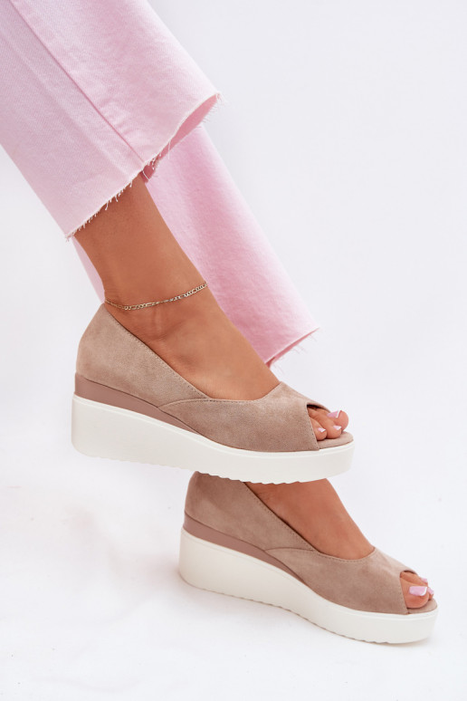 Women's wedge sandals made of eco suede beige Velira Women's wedge sandals made of eco suede beige Velira